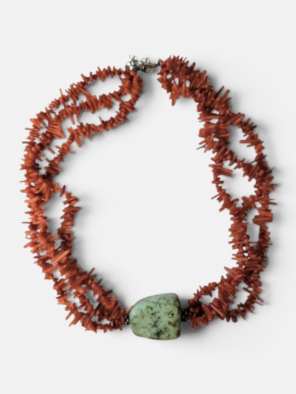 Vintage Red Coral & Natural Turquoise Chunk Stone Multi Strand Choker Necklace